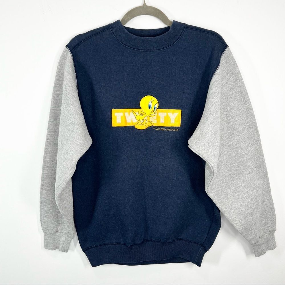 VTG 1996 Looney Tunes Tweety Bird Embroidered Sweatshirt Navy Gray Medium